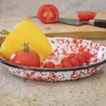 Red Co. Set of 4 Enamelware Metal 10” Round Camping Plates, Red Marble/Black Rim – Splatter Design