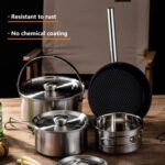 CretFine 304 Stainless Steel Camping Cookware Set with Portable Bag – 10 Pcs Stackable Pots and Pans Set with Removable Handle Campfire Cooking Equipment Set