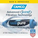 Camco TastePURE RV Water Filter – New & Advanced RV Inline Water Filter with Flexible Hose Protector – GAC & KDF Water Filter – Made in USA – Camping Essentials for Fresh Drinking Water (40043)