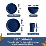 Teivio 16-Piece Kitchen Plastic Wheat Straw Dinnerware Set, Service for 4, Dinner Plates, Dessert Plate, Cereal Bowls, Cups, Unbreakable Plastic Outdoor Camping Dishes, Midnight Blue