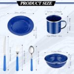 Nuogo Enamel Camping Tableware Includes 12 oz Enamel Coffee Mugs 10.5 Inch Camping Plates 6 Inch Bowls and Camping Utensils Set Includes Knife Fork Spoon for Camping Outdoor RV(48 Pcs,Blue)